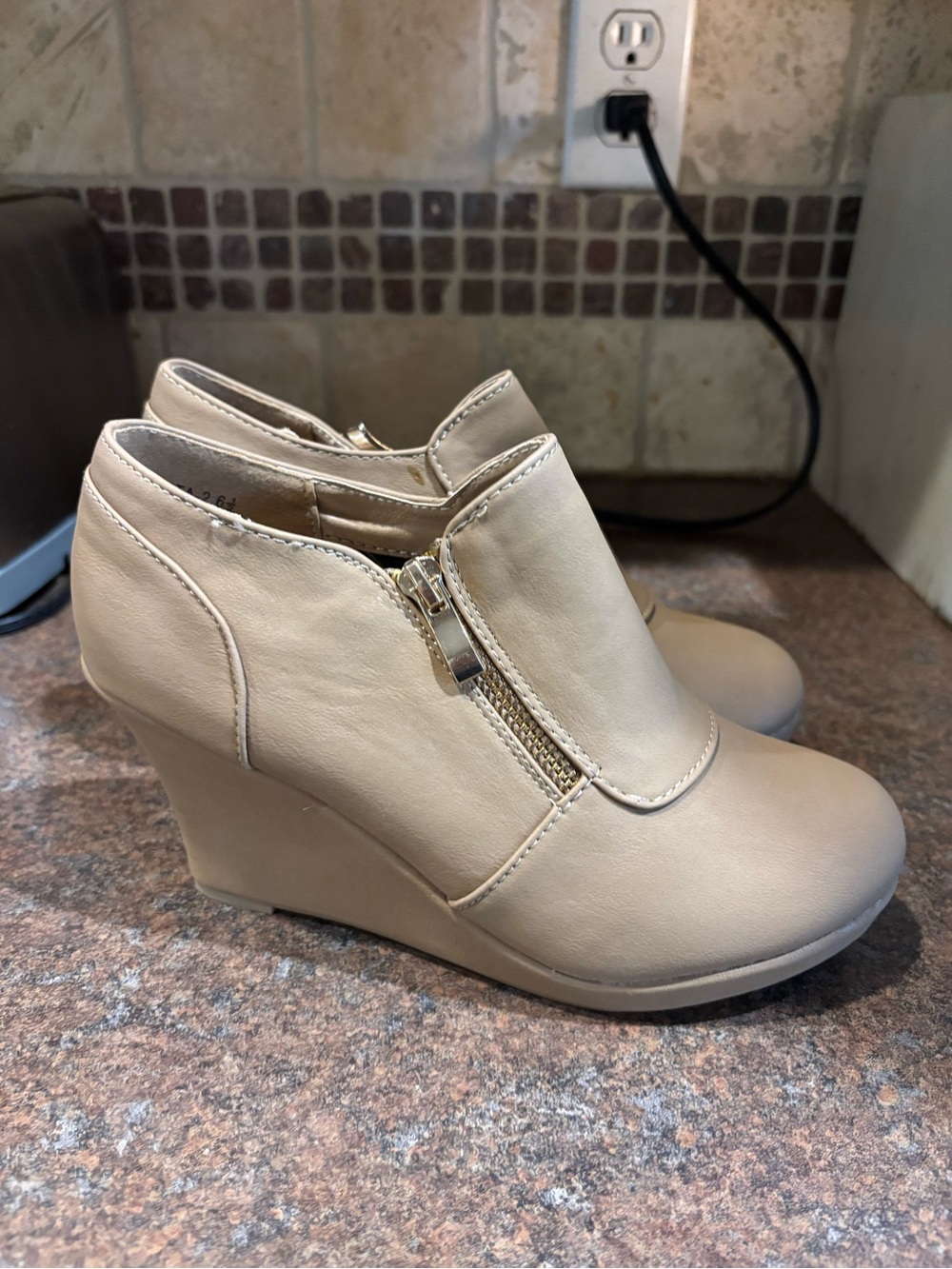 TOP Moda Beige Wedge Ankle Booties with Side Zipper
